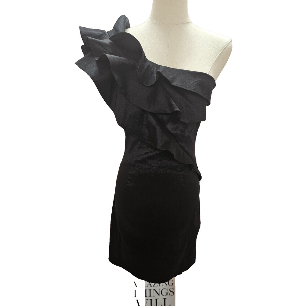 New Margret Ruffled One Shoulder Mini Party Sheath Dress Stretch Fitted Sm S 2 4